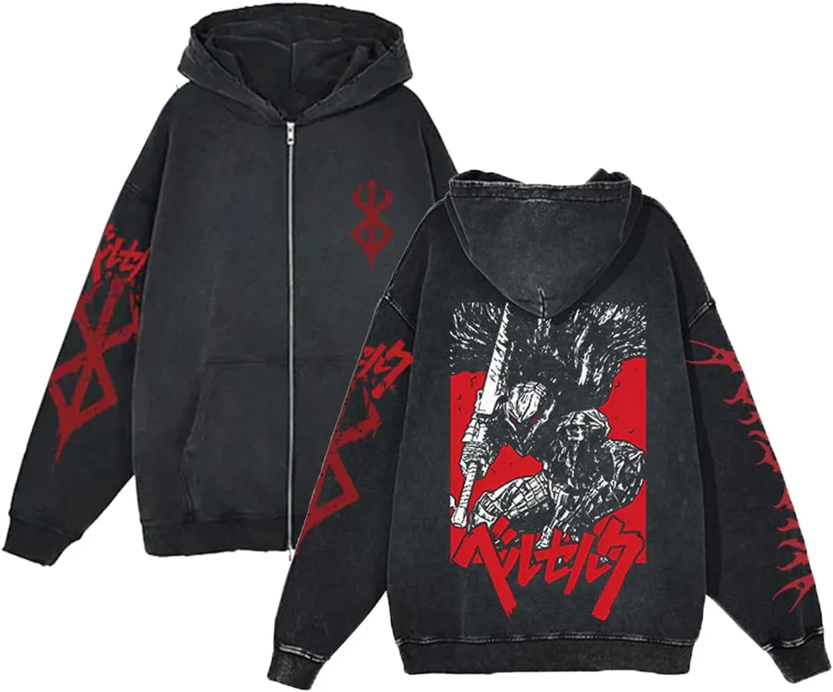 Unisex Berserks Vintage Hoodie Men Anime 3D Novelty Hooded Sweatshirt Long Sleeve Zip Up Casual Jacket Outerwear