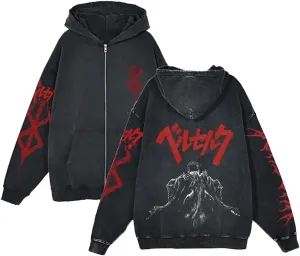 Unisex Berserks Vintage Hoodie Men Anime 3D Novelty Hooded Sweatshirt Long Sleeve Zip Up Casual Jacket Outerwear