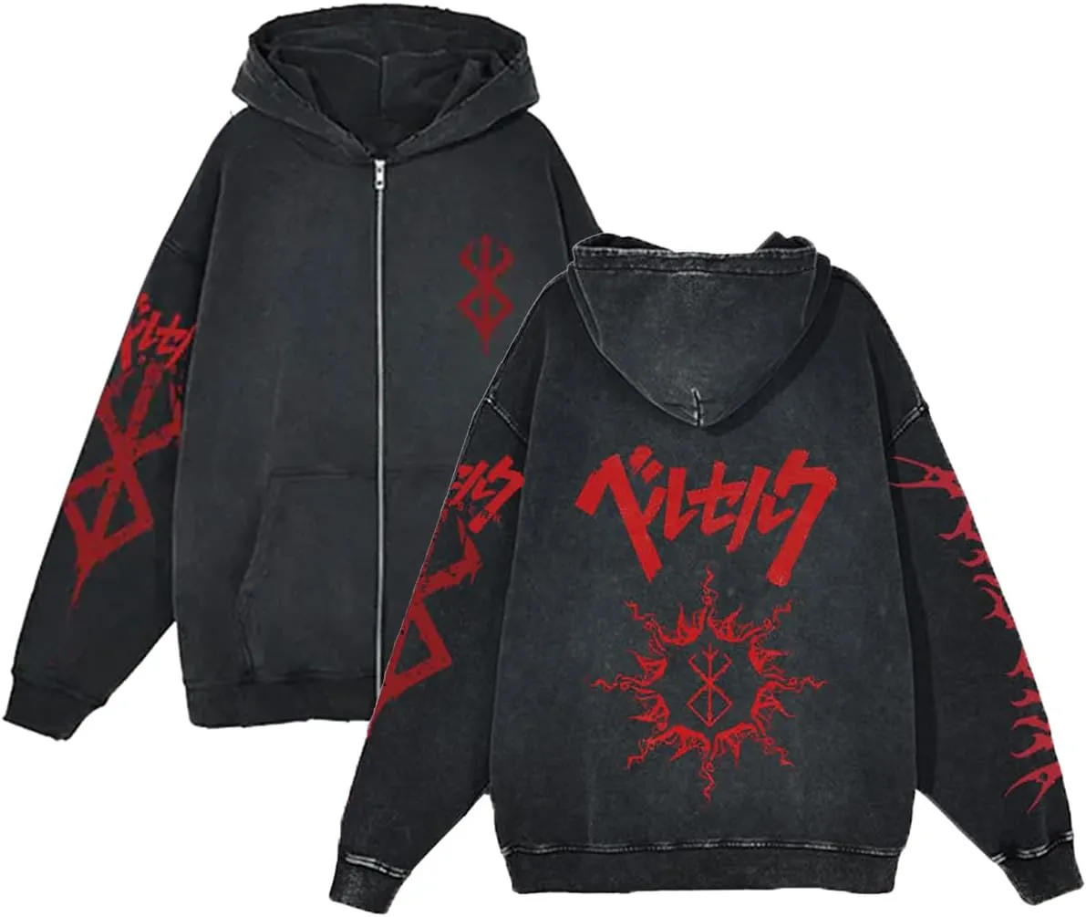 Unisex Berserks Vintage Hoodie Men Anime 3D Novelty Hooded Sweatshirt Long Sleeve Zip Up Casual Jacket Outerwear