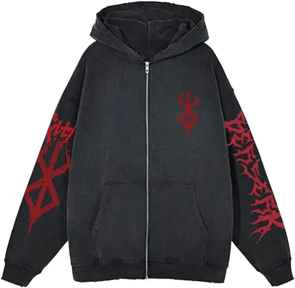 Unisex Berserks Vintage Hoodie Men Anime 3D Novelty Hooded Sweatshirt Long Sleeve Zip Up Casual Jacket Outerwear