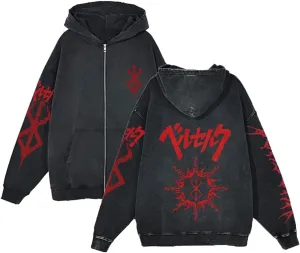 Unisex Berserks Vintage Hoodie Men Anime 3D Novelty Hooded Sweatshirt Long Sleeve Zip Up Casual Jacket Outerwear
