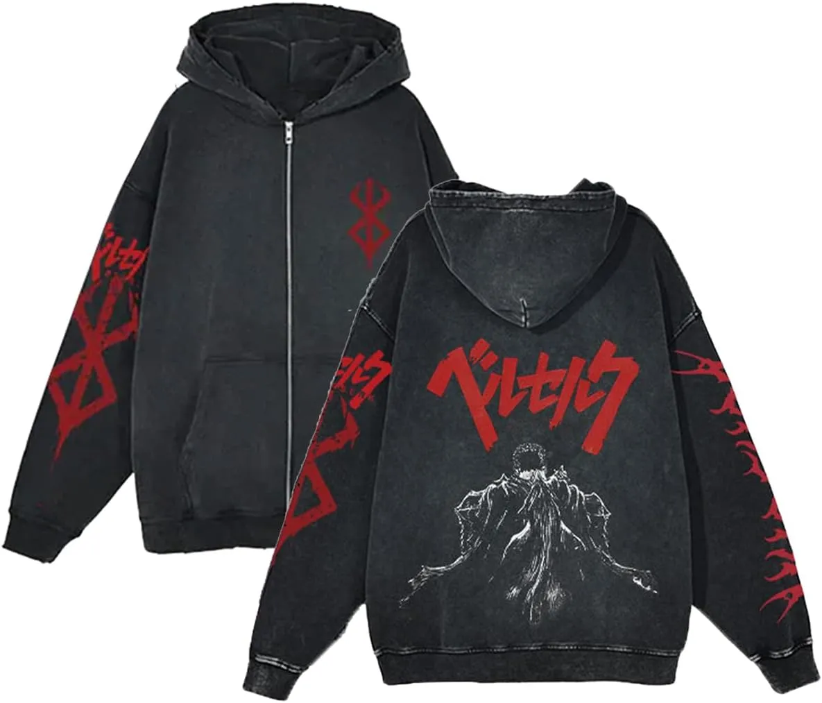 Unisex Berserks Vintage Hoodie Men Anime 3D Novelty Hooded Sweatshirt Long Sleeve Zip Up Casual Jacket Outerwear