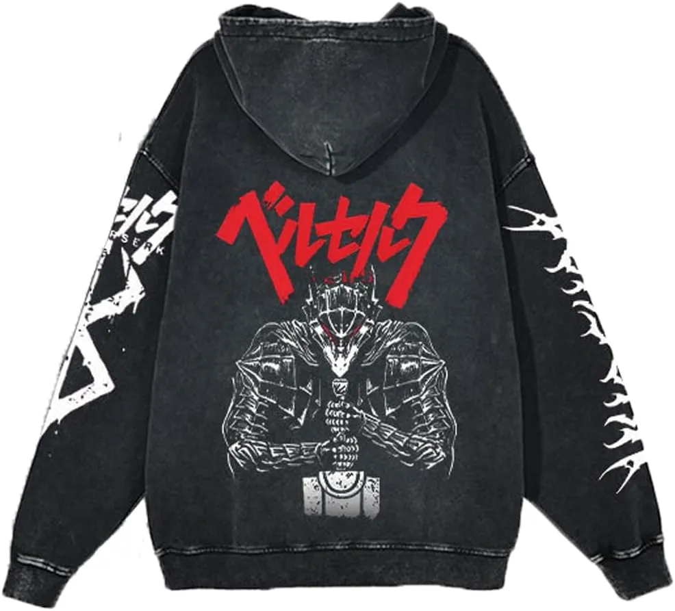 Unisex Berserks Vintage Hoodie Men Anime 3D Novelty Hooded Sweatshirt Long Sleeve Zip Up Casual Jacket Outerwear