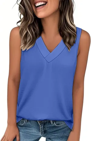 V Neck Tank Top Women Casual Sleeveless Loose Flowy Basic Dressy Casual Summer T-Shirt