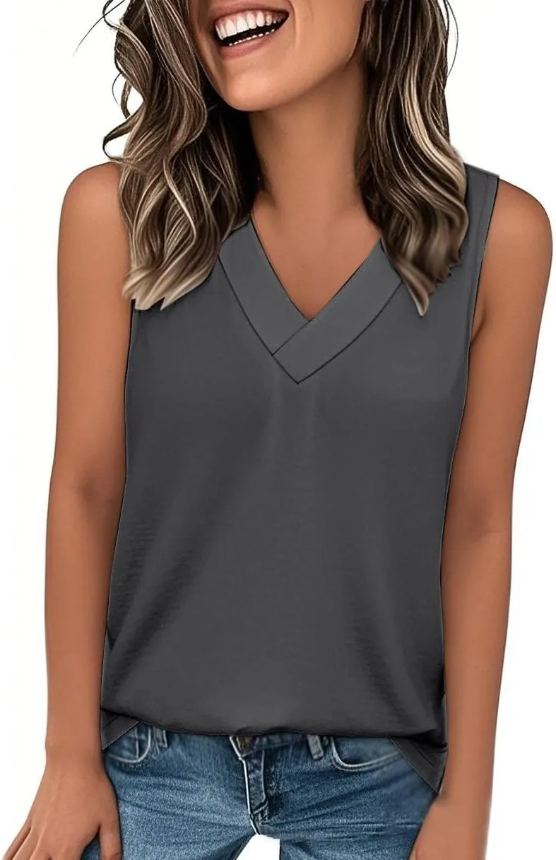 V Neck Tank Top Women Casual Sleeveless Loose Flowy Basic Dressy Casual Summer T-Shirt