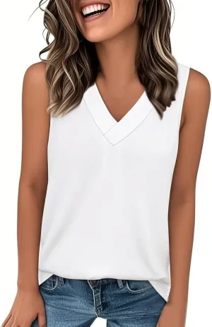 V Neck Tank Top Women Casual Sleeveless Loose Flowy Basic Dressy Casual Summer T-Shirt