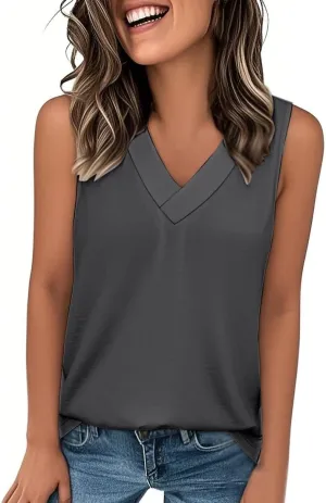 V Neck Tank Top Women Casual Sleeveless Loose Flowy Basic Dressy Casual Summer T-Shirt