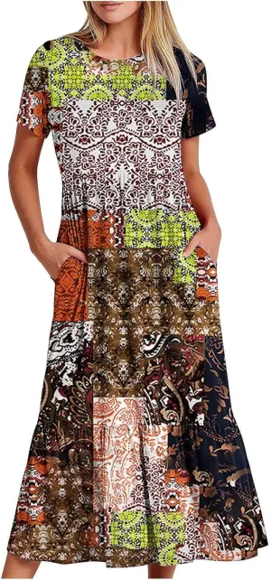 Vintage Dress for Women Casual Short Sleeve Floral Print Sundress Summer Fashion Retro Maxi Dress with Pocket