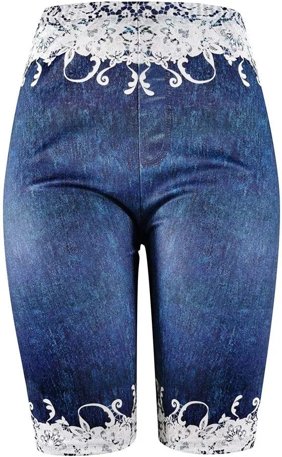 VOWUA Jean Leggings for Women Plus Size High Waisted Capri Cropped Leggings Denim Stretch Jean Look Jeggings Tights