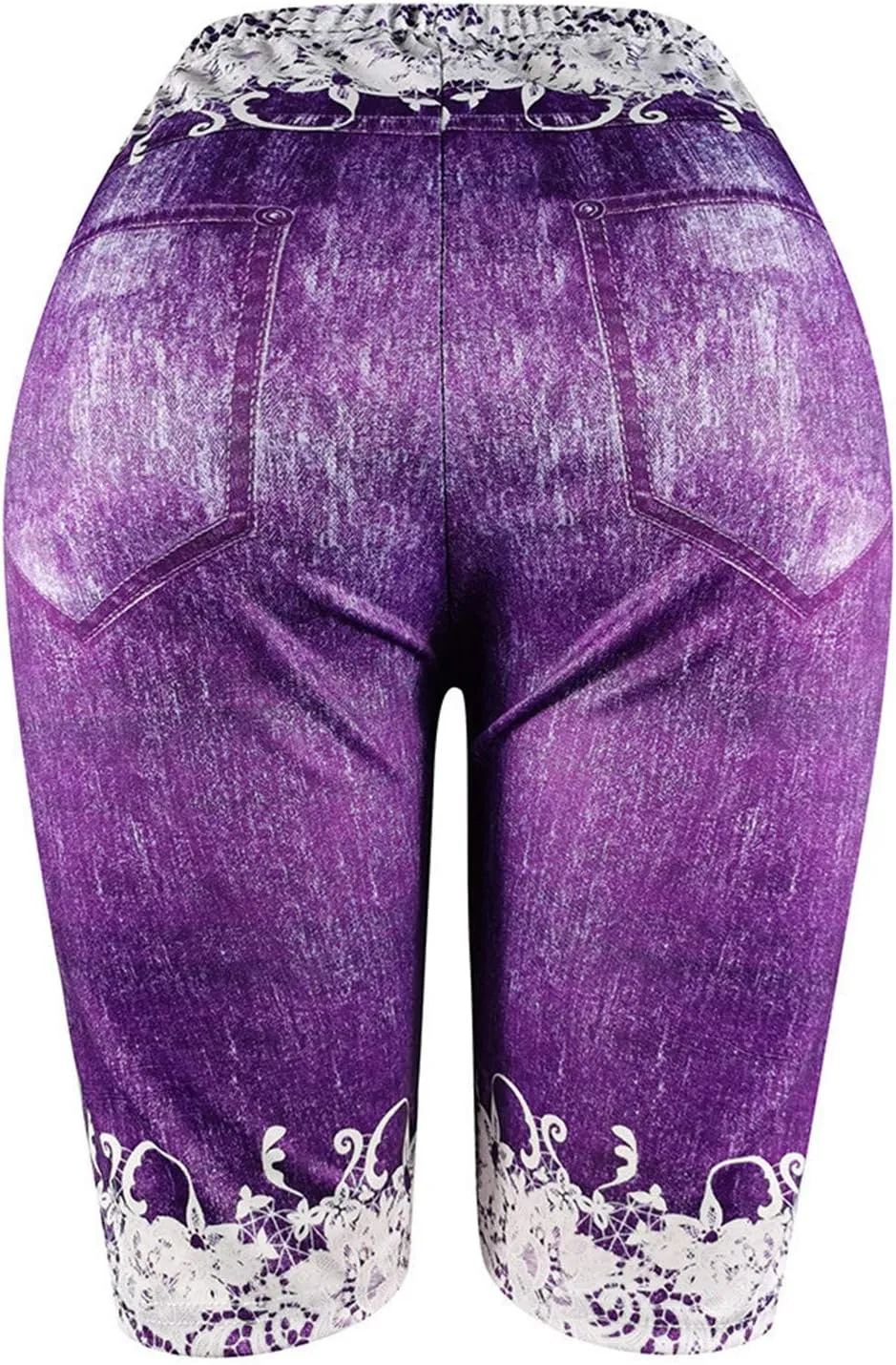 VOWUA Jean Leggings for Women Plus Size High Waisted Capri Cropped Leggings Denim Stretch Jean Look Jeggings Tights
