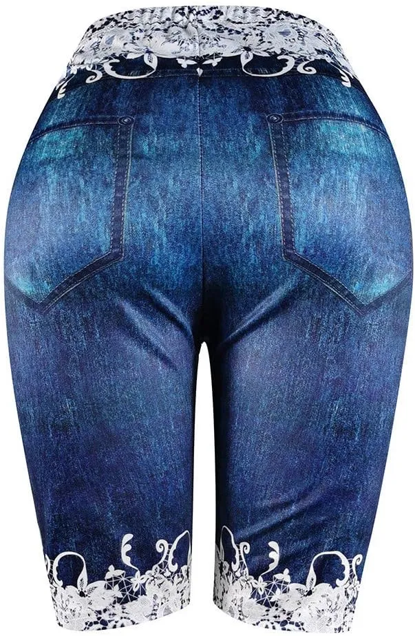 VOWUA Jean Leggings for Women Plus Size High Waisted Capri Cropped Leggings Denim Stretch Jean Look Jeggings Tights
