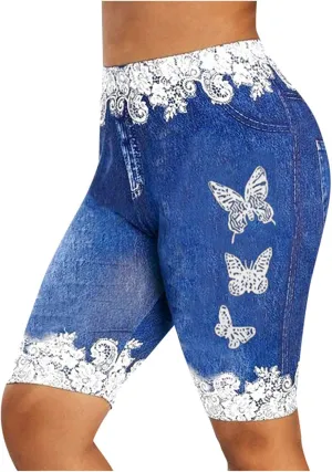 VOWUA Jean Leggings for Women Plus Size High Waisted Capri Cropped Leggings Denim Stretch Jean Look Jeggings Tights