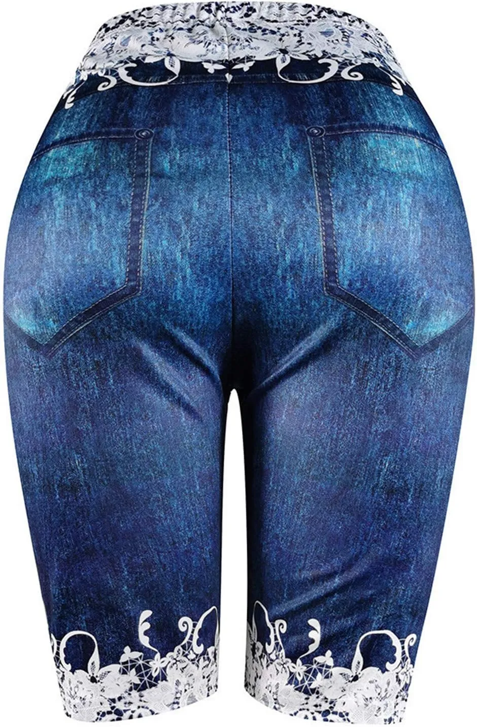 VOWUA Jean Leggings for Women Plus Size High Waisted Capri Cropped Leggings Denim Stretch Jean Look Jeggings Tights