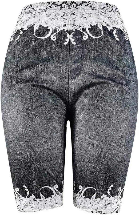 VOWUA Jean Leggings for Women Plus Size High Waisted Capri Cropped Leggings Denim Stretch Jean Look Jeggings Tights