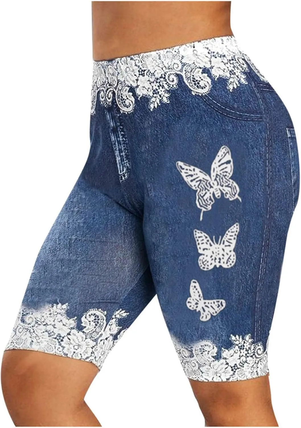 VOWUA Jean Leggings for Women Plus Size High Waisted Capri Cropped Leggings Denim Stretch Jean Look Jeggings Tights