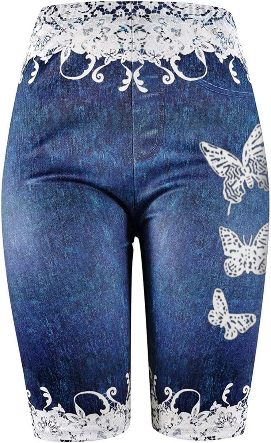 VOWUA Jean Leggings for Women Plus Size High Waisted Capri Cropped Leggings Denim Stretch Jean Look Jeggings Tights