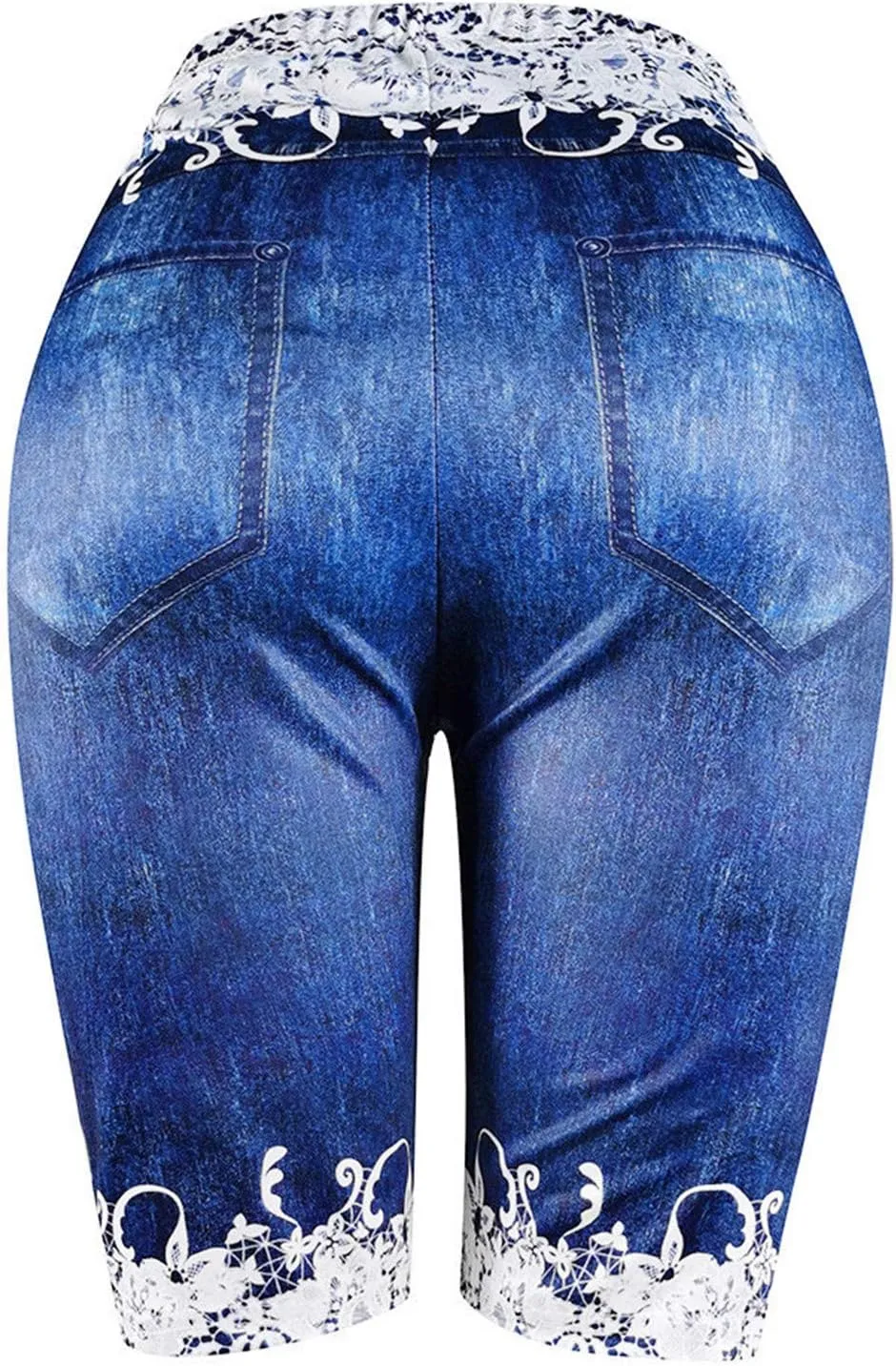VOWUA Jean Leggings for Women Plus Size High Waisted Capri Cropped Leggings Denim Stretch Jean Look Jeggings Tights
