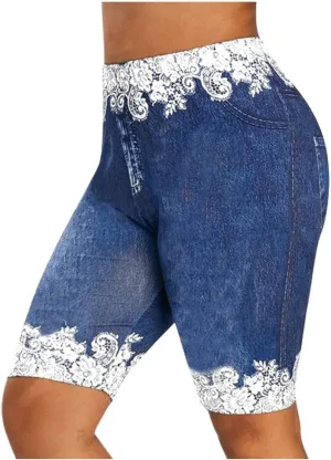 VOWUA Jean Leggings for Women Plus Size High Waisted Capri Cropped Leggings Denim Stretch Jean Look Jeggings Tights