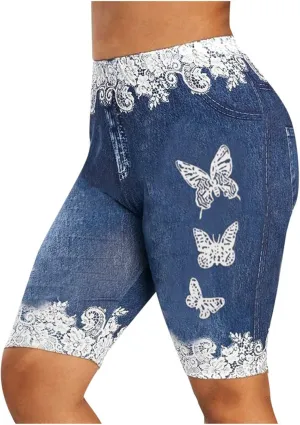 VOWUA Jean Leggings for Women Plus Size High Waisted Capri Cropped Leggings Denim Stretch Jean Look Jeggings Tights