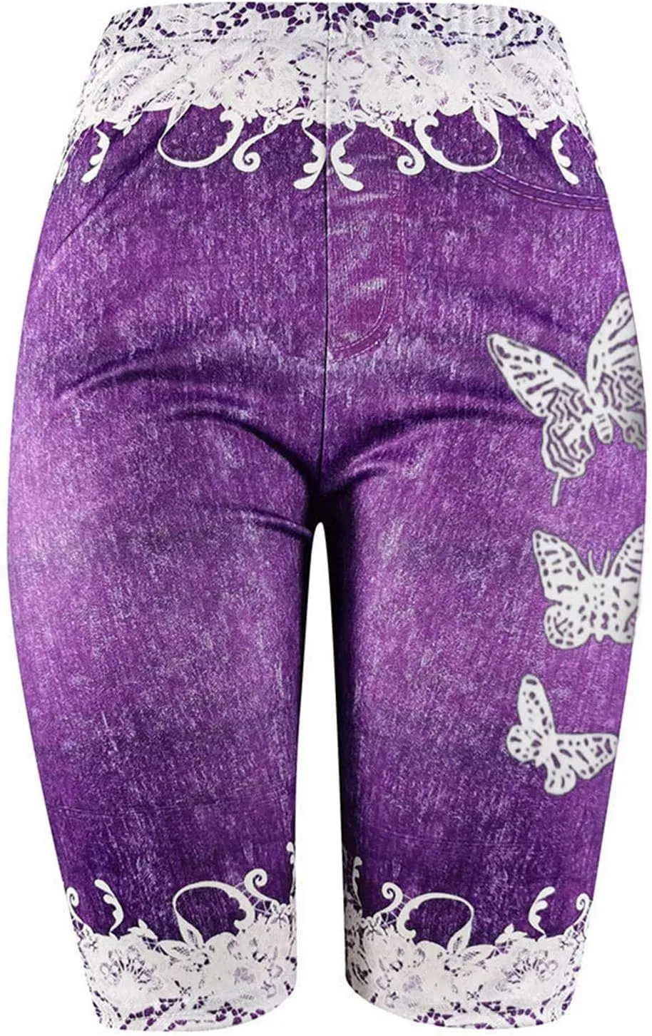 VOWUA Jean Leggings for Women Plus Size High Waisted Capri Cropped Leggings Denim Stretch Jean Look Jeggings Tights