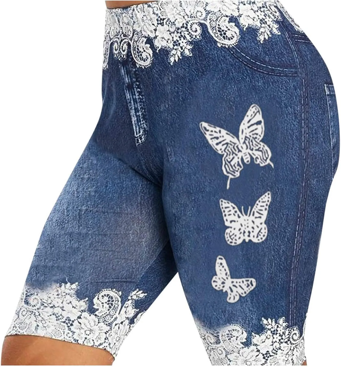 VOWUA Jean Leggings for Women Plus Size High Waisted Capri Cropped Leggings Denim Stretch Jean Look Jeggings Tights