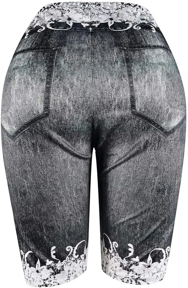 VOWUA Jean Leggings for Women Plus Size High Waisted Capri Cropped Leggings Denim Stretch Jean Look Jeggings Tights