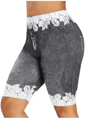 VOWUA Jean Leggings for Women Plus Size High Waisted Capri Cropped Leggings Denim Stretch Jean Look Jeggings Tights
