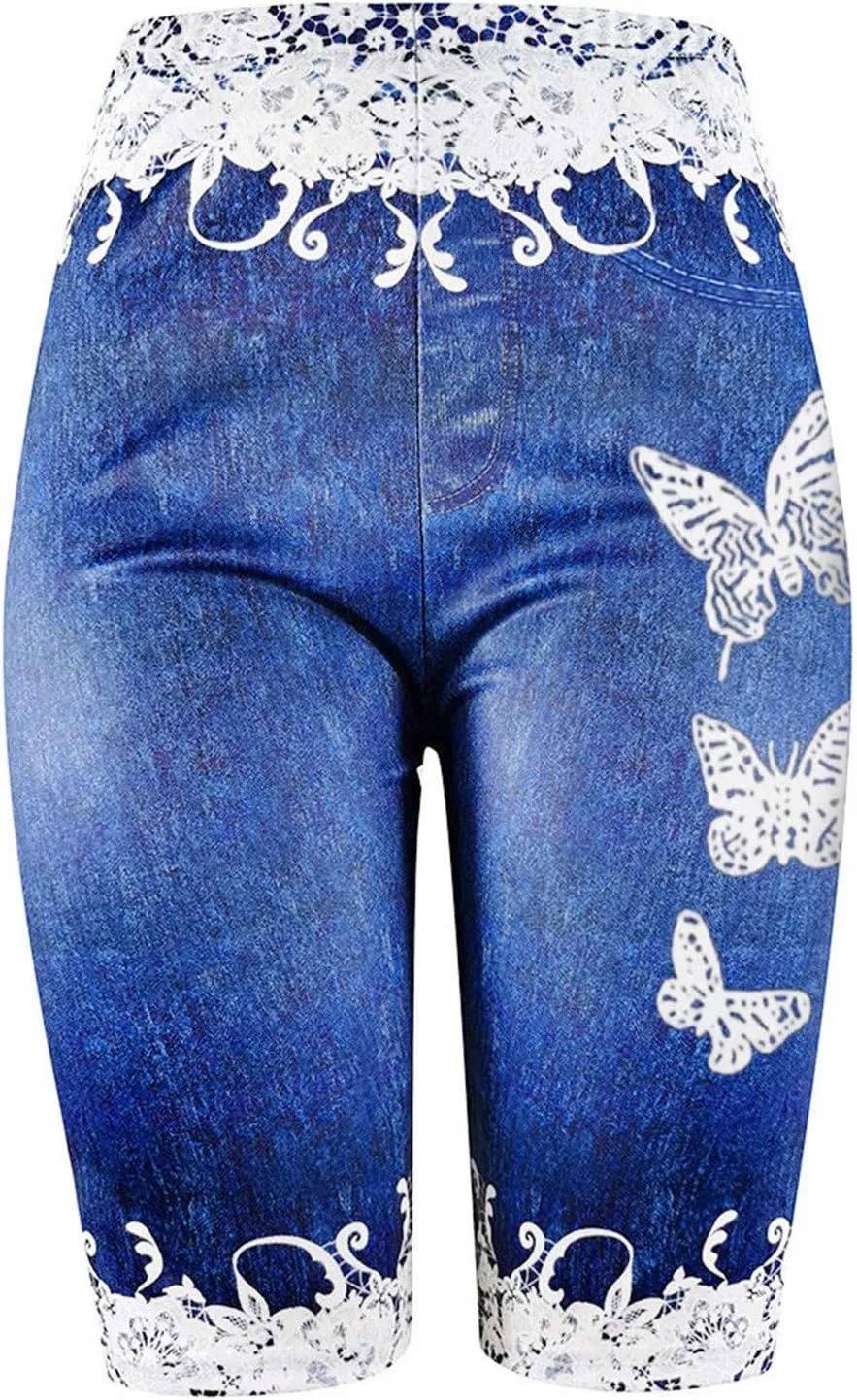 VOWUA Jean Leggings for Women Plus Size High Waisted Capri Cropped Leggings Denim Stretch Jean Look Jeggings Tights
