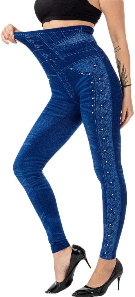 VOWUA Skinny Jean Leggings Women's High Waist Yoga Pants Sexy Lace Tummy Control Workout Denim Printed Jeggings