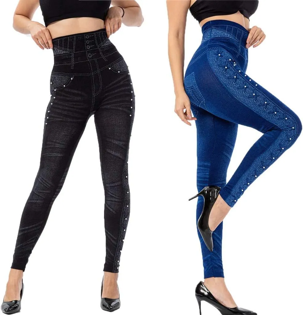 VOWUA Skinny Jean Leggings Women's High Waist Yoga Pants Sexy Lace Tummy Control Workout Denim Printed Jeggings