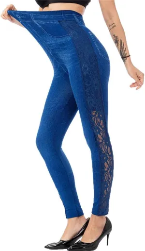 VOWUA Skinny Jean Leggings Women's High Waist Yoga Pants Sexy Lace Tummy Control Workout Denim Printed Jeggings