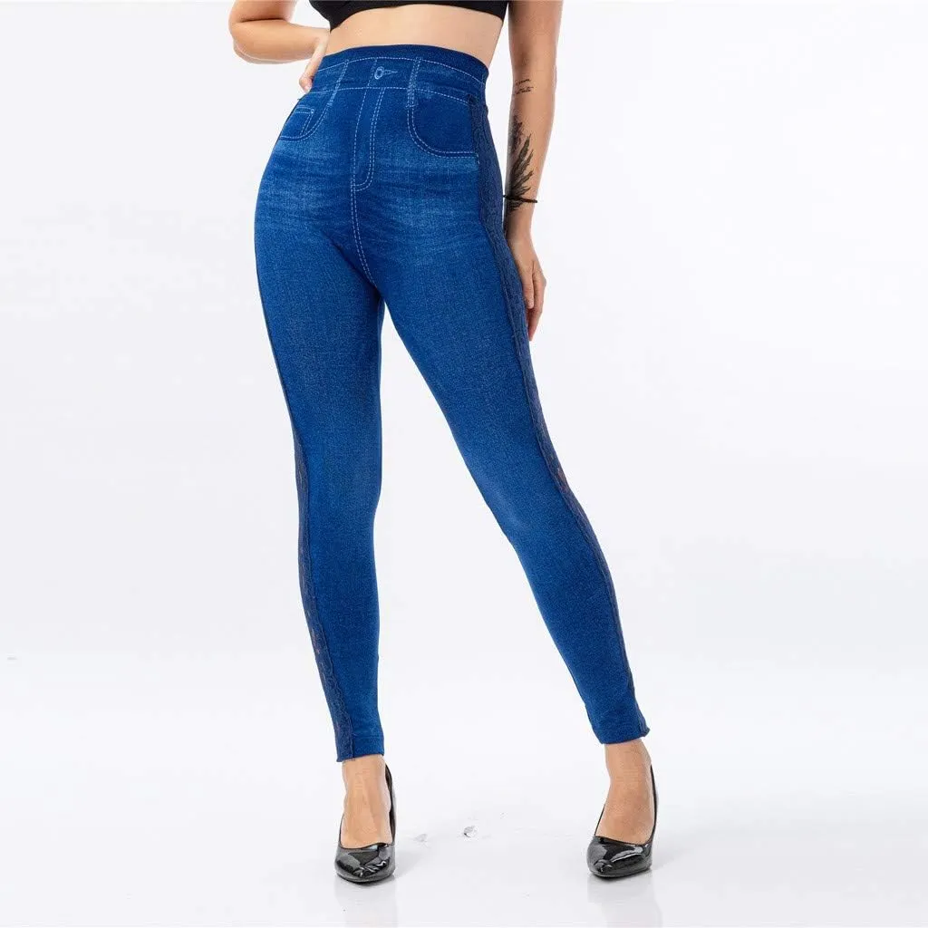 VOWUA Skinny Jean Leggings Women's High Waist Yoga Pants Sexy Lace Tummy Control Workout Denim Printed Jeggings