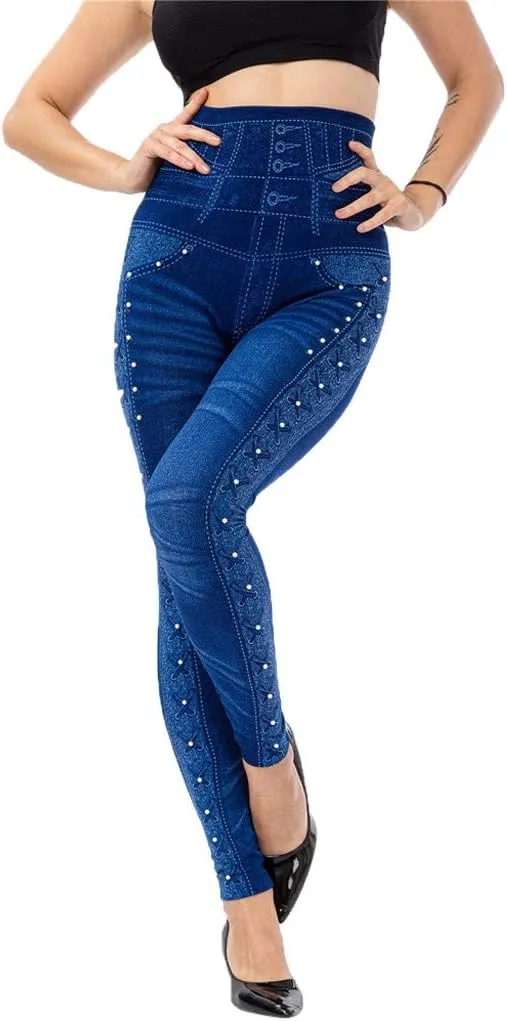 VOWUA Skinny Jean Leggings Women's High Waist Yoga Pants Sexy Lace Tummy Control Workout Denim Printed Jeggings