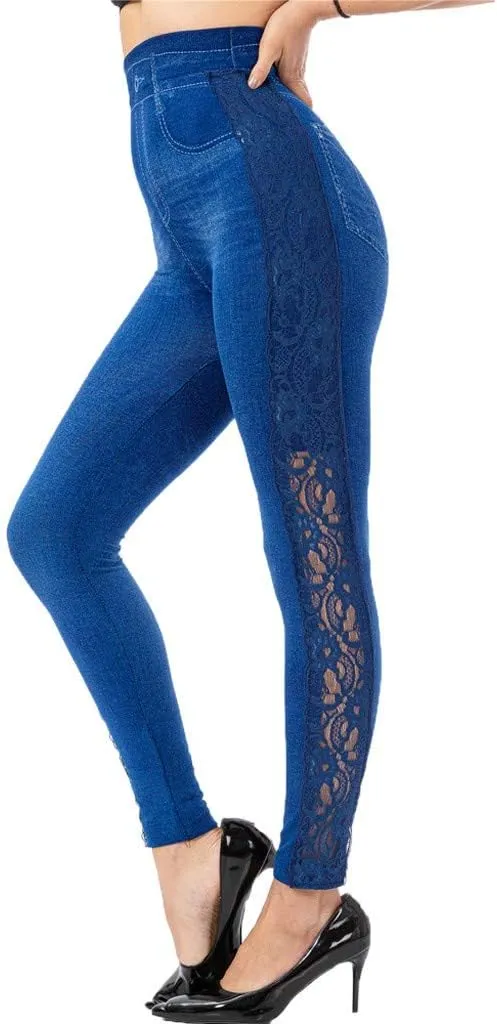VOWUA Skinny Jean Leggings Women's High Waist Yoga Pants Sexy Lace Tummy Control Workout Denim Printed Jeggings