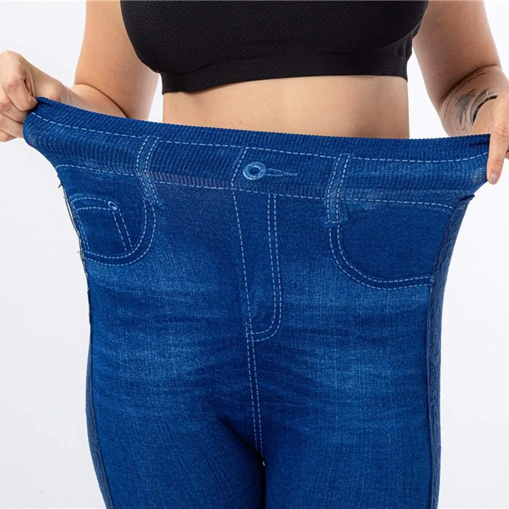 VOWUA Skinny Jean Leggings Women's High Waist Yoga Pants Sexy Lace Tummy Control Workout Denim Printed Jeggings