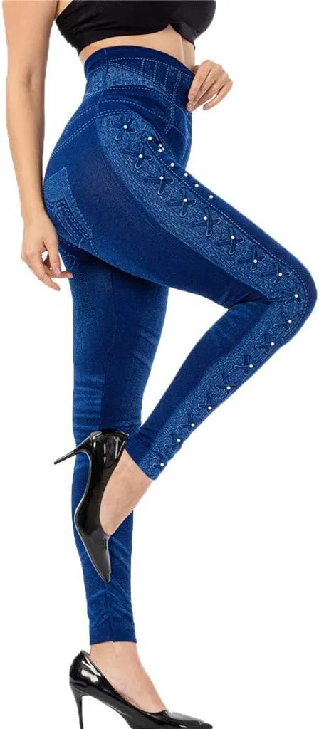 VOWUA Skinny Jean Leggings Women's High Waist Yoga Pants Sexy Lace Tummy Control Workout Denim Printed Jeggings