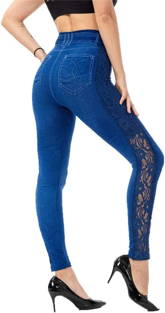 VOWUA Skinny Jean Leggings Women's High Waist Yoga Pants Sexy Lace Tummy Control Workout Denim Printed Jeggings