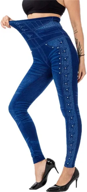 VOWUA Skinny Jean Leggings Women's High Waist Yoga Pants Sexy Lace Tummy Control Workout Denim Printed Jeggings