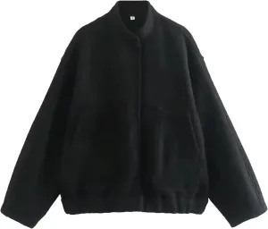 Wanzetaly Womens Oversized Wool Blend Jackets Casual Button Down Stand Collar Long Sleeve Bomber Jackets