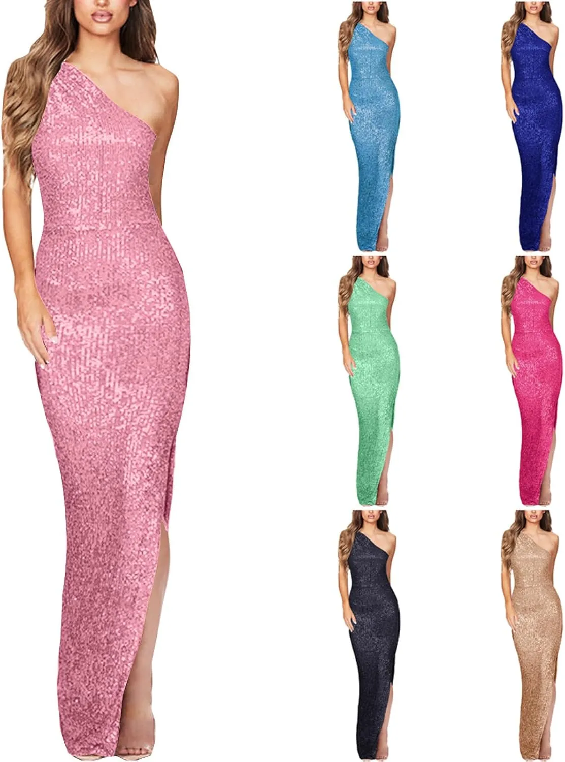 Wkishenl Women's Elegant One Shoulder Sequin Dress Formal Sparkly Dresses Evening Wedding Guest Party Maxi Dress with Slit