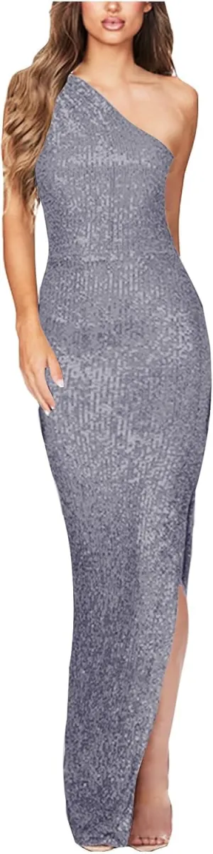 Wkishenl Women's Elegant One Shoulder Sequin Dress Formal Sparkly Dresses Evening Wedding Guest Party Maxi Dress with Slit