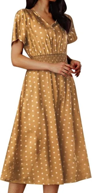 Women Boho Midi Dress Short Sleeve V Neck Swiss Dot High Waited A-Line Ruffle Tiered Summer Long Dresses