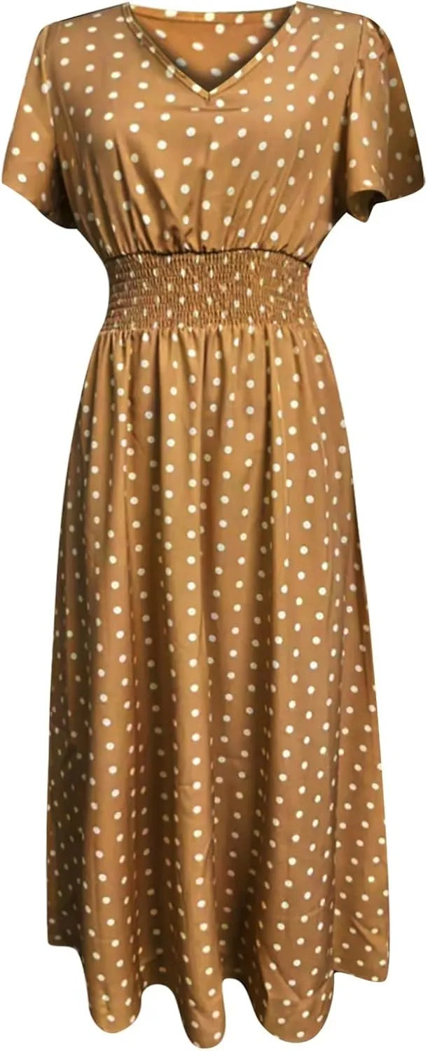 Women Boho Midi Dress Short Sleeve V Neck Swiss Dot High Waited A-Line Ruffle Tiered Summer Long Dresses