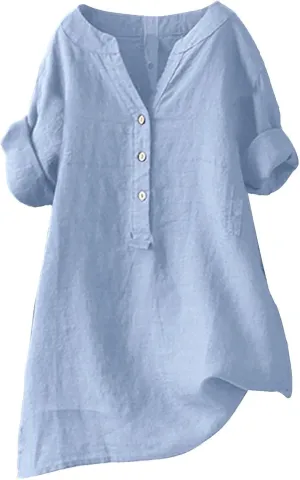 Women Button Down Collar Shirts V Neck Short Sleeve Linen Summer Casual Work Blouse Top Loose T Shirt