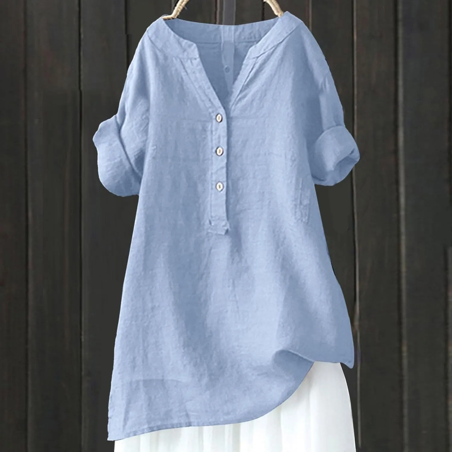 Women Button Down Collar Shirts V Neck Short Sleeve Linen Summer Casual Work Blouse Top Loose T Shirt