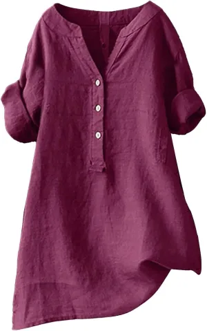 Women Button Down Collar Shirts V Neck Short Sleeve Linen Summer Casual Work Blouse Top Loose T Shirt