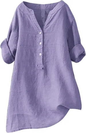 Women Button Down Collar Shirts V Neck Short Sleeve Linen Summer Casual Work Blouse Top Loose T Shirt