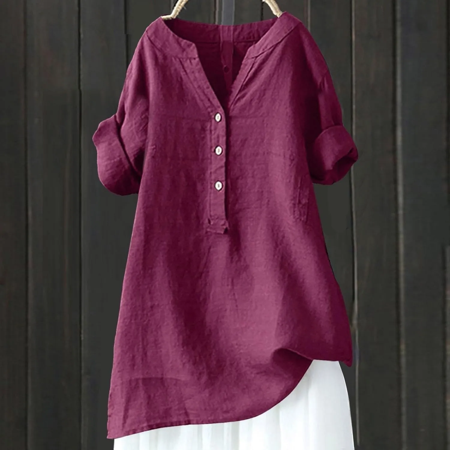 Women Button Down Collar Shirts V Neck Short Sleeve Linen Summer Casual Work Blouse Top Loose T Shirt