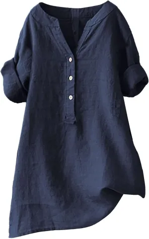 Women Button Down Collar Shirts V Neck Short Sleeve Linen Summer Casual Work Blouse Top Loose T Shirt