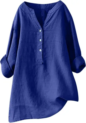 Women Button Up Shirts V Neck Long Sleeve Cotton Linen Summer Casual Fashion Blouse Tops Loose Tshirts